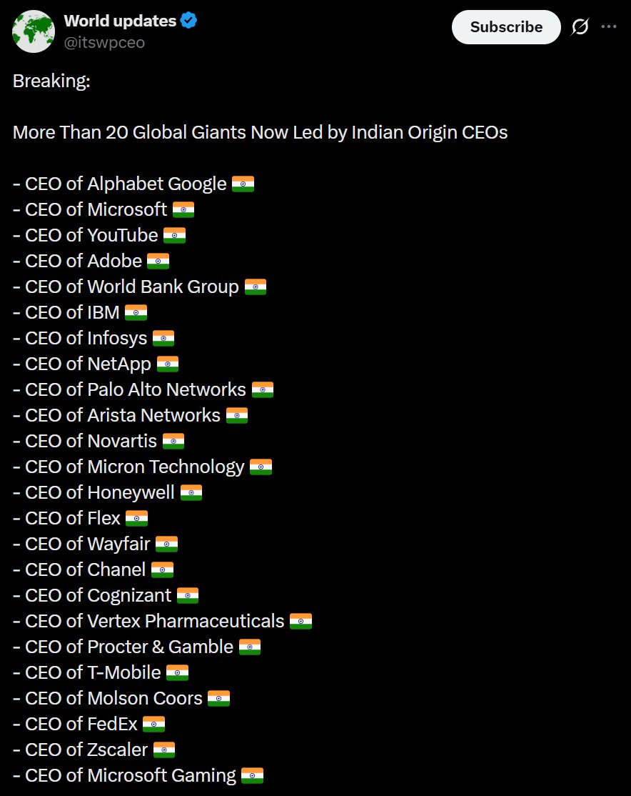 Think of just how improbable it is for this many global companies to select Indians as CEOs by pure merit

For this to happen, Indians would have to be so much more competent than Whites, Asians, Jews, etc that they dominate all measures of performance

Instead:

- Highest rank