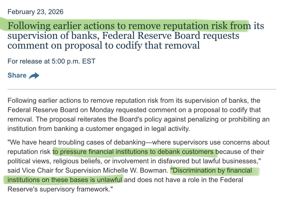 🚨BREAKING: Federal Reserve MOVES TO REMOVE “REPUTATION RISK” RULE Used to Debank Crypto Companies — HUGE FOR RIPPLE BANK 🤯🔥

In a new Feb 23 release, the Federal Reserve Board (<a href="/federalreserve/">Federal Reserve</a>) confirmed it is taking steps to formally REMOVE “reputation risk” from how it