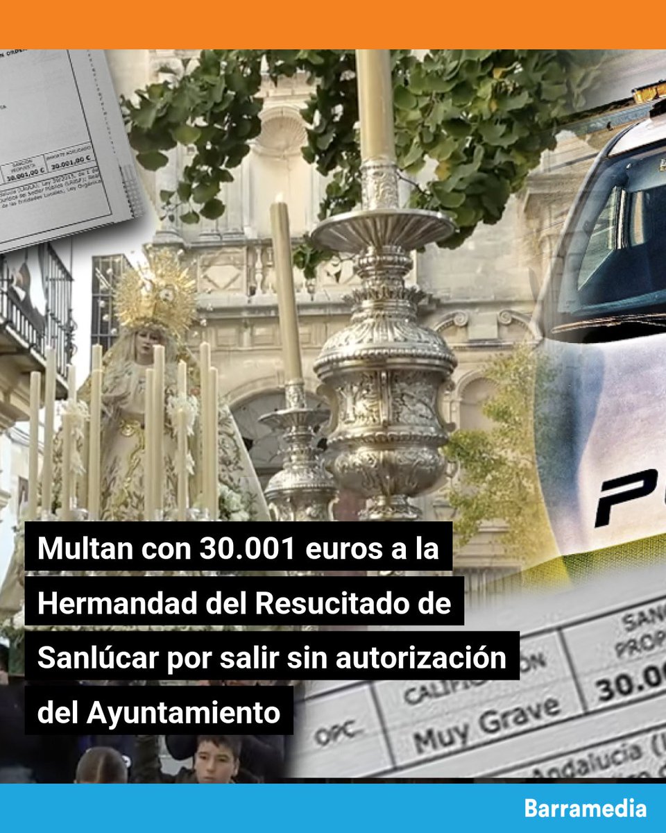 Barramedia_'s tweet photo. 🔴 #URGENTE | Multan con 30.001 euros a la Hermandad del Resucitado de Sanlúcar por salir sin autorización del Ayuntamiento

➡️ La Policía Local ha propuesto sanción por infracción “muy grave”, al considerar que la salida de la Virgen de la Paz sin autorización atentaba contra la seguridad pública: el Consejo Local informó al Ayuntamiento, que no respondió ante la falta de efectivos
https://t.co/FKwNDXaUTC