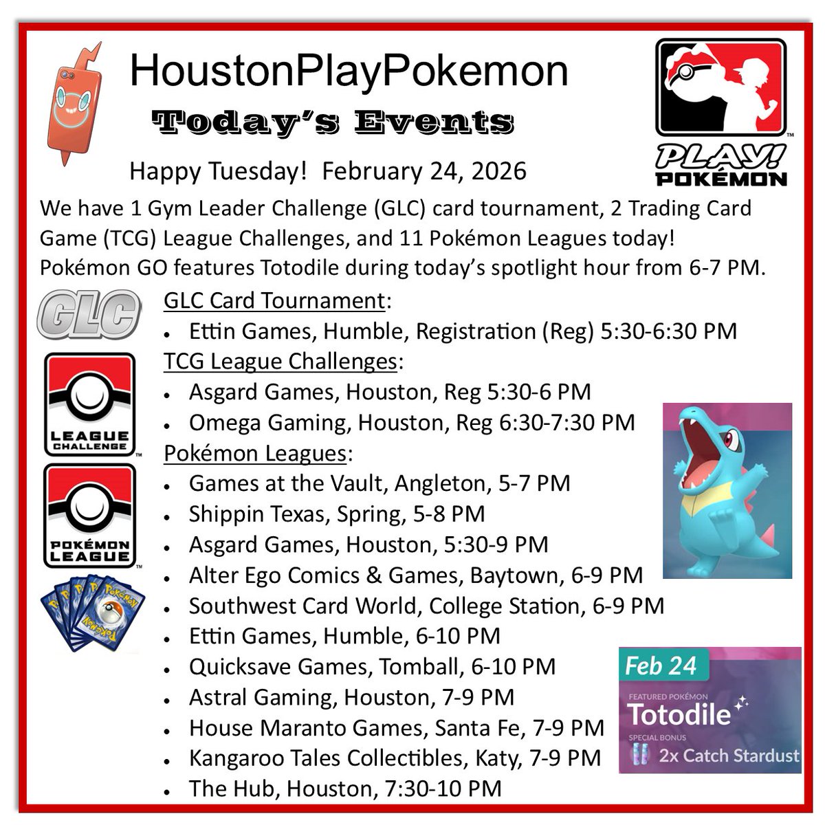 Happy Tuesday! We have 1 Gym Leader Challenge (GLC) card tournament, 2 Trading Card Game (TCG) League Challenges, and 11 Pokémon Leagues today! #PlayPokemon