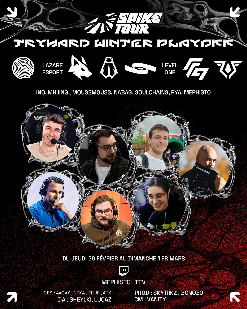 🎙️ CAST – SPIKE TOUR - TRYHARD WINTER | PLAYOFFS 🎙️

On entre dans la phase décisive. Deux places sont à gagnés pour aller en Up &amp; Down et affronter les deux équipes qui descendent de la VCL France

Les meilleures équipes du Tier 3 sont présentes.
Et on sera là pour vous faire