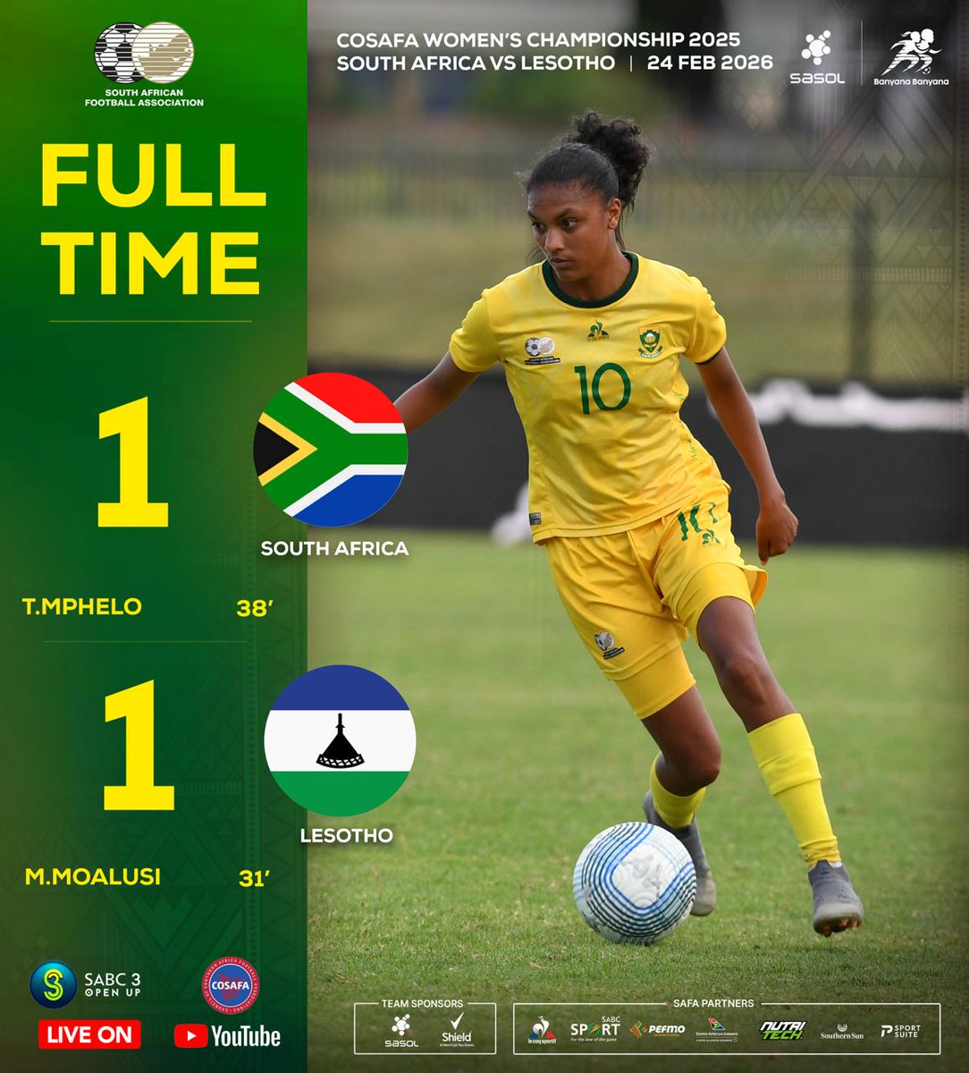Banyana_Banyana's tweet photo. It ends in a stalemate as Sasol Banyana Banyana draw 1-1 against Lesotho in the 2025 COSAFA Women's Championship at the Seshego Stadium in Polokwane. Next match semi-finals on Friday
#BanyanaBanyana
#LiveTheImpossible
@SasolinSport https://t.co/0ZAnPfP9rF