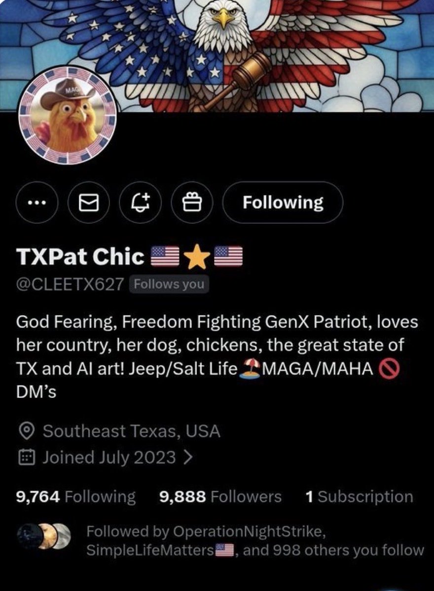 ‼️Hey friends, let’s get this proud Texan the few follows she needs to hit 10K. 
<a href="/CLEETX627/">TXPat Chic 🇺🇸⭐️🇺🇸</a>