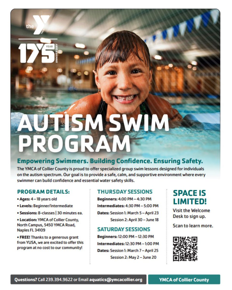 HealthyKidsCC's tweet image. @YMCANaples is offering free swim lessons specifically designed for children with autism. Lessons are taught by trained instructors in a supportive environment to help kids build confidence in and around the water. 

#WaterSmartCollier #DrowningPrevention #LayersOfProtection