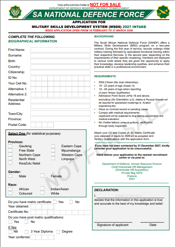 Are you interested in joining the Military?
The South African National Defence Force (SANDF) has opened its Military Skills Development System (MSDS) applications for 2027:
• #SAArmy
• #SAAirForce
• #SAmilitary Health Service
• #SANAVY
Applicants must submit the following
