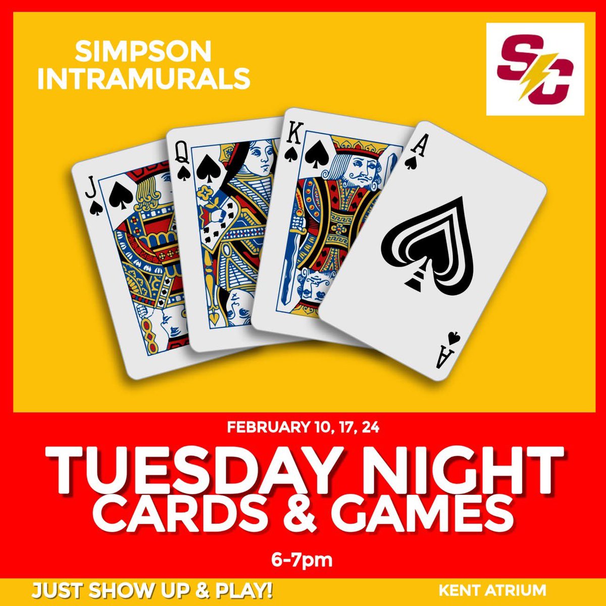 🃏♠️♦️♥️Last IM “Tuesday Night” cards &amp; games of February tonight 6-7pm! Come play some games before the women’s 🏀 game! #scim