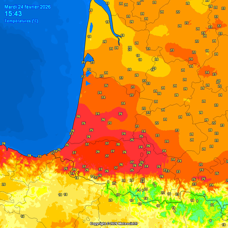 Températures complètement folles et aberrantes sur l'extrême sud-ouest cet après-midi jusqu'à 27-28°C, localement même davantage.

Nous sommes le 24 Février. Avec une masse d'air entre 12 et 14°C à 850 hPa, cela prouve qu'il y a par endroit un effet de foehn supplémentaire qui