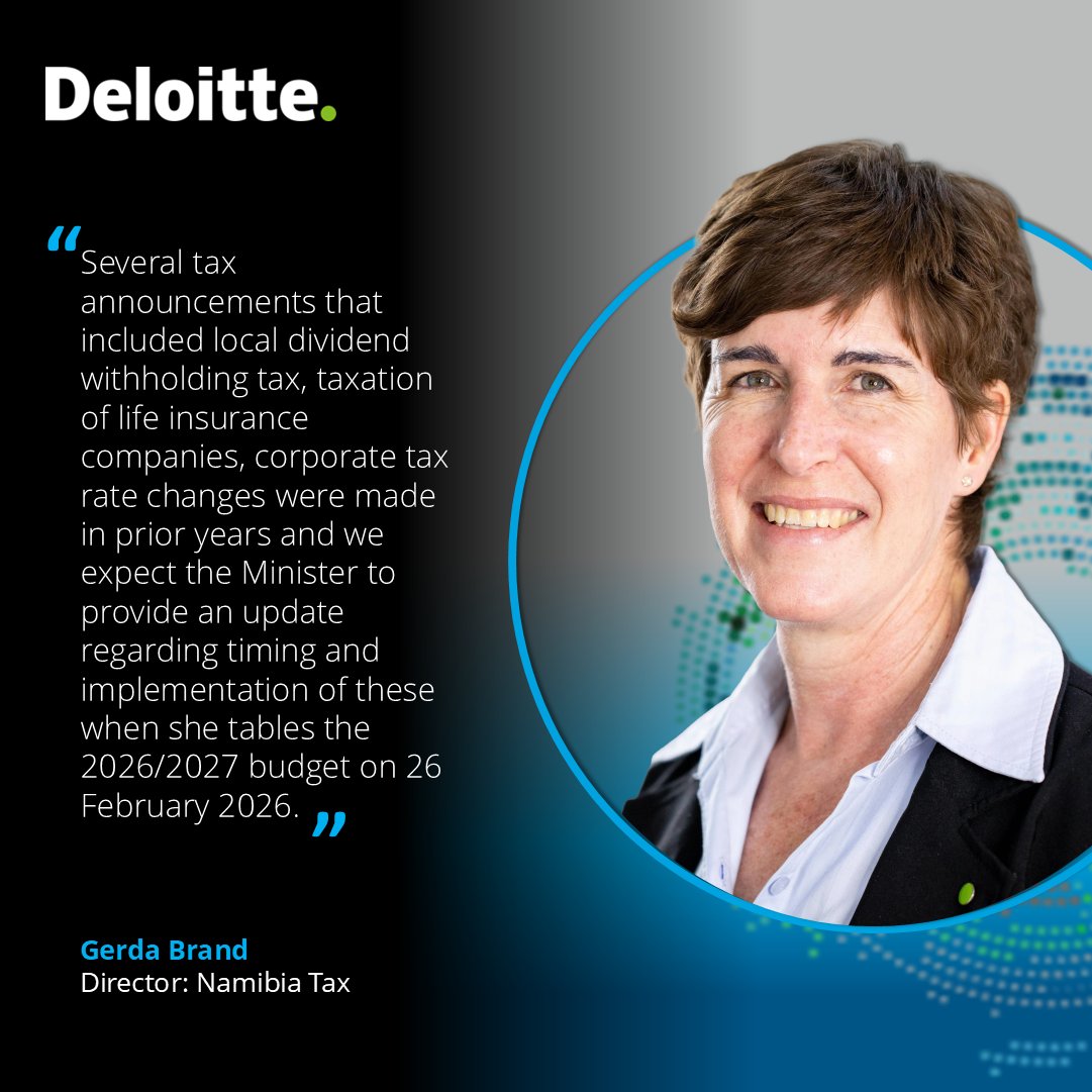 Update expected on timing and implementation of prior tax measures, including dividend withholding tax, life insurers and corporate rate changes.

#Nationalbudget #DeloitteNamibia #DeloitteTax #togethermakesprogress