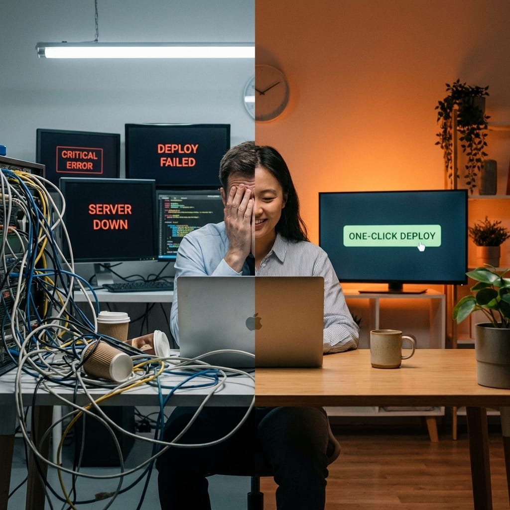 Left: spent 3 days configuring Docker, nginx, SSL certs, systemd services, and a VPS just to run an AI agent. Still debugging port conflicts at 2AM.  

Right: signed into UniClaw, clicked deploy, agent was live in 60 seconds. Went to dinner.  Same agent. Same capabilities.