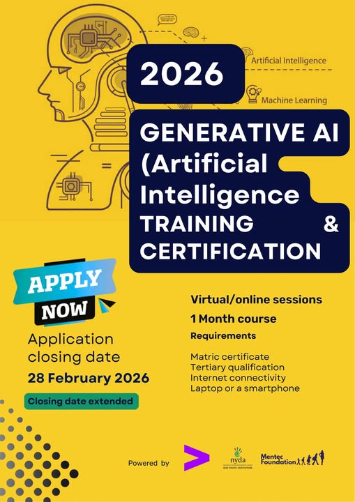 AI Training!
#MentecFoundation, #Accenture and the #NYDA are working together to equip young people with Generative AI Training.
The future isn’t coming, it’s already here!
📷 Train online
📷 Get certified
📷 Become future-ready
📷 Learn. Create. Innovate.
Apply now and secure