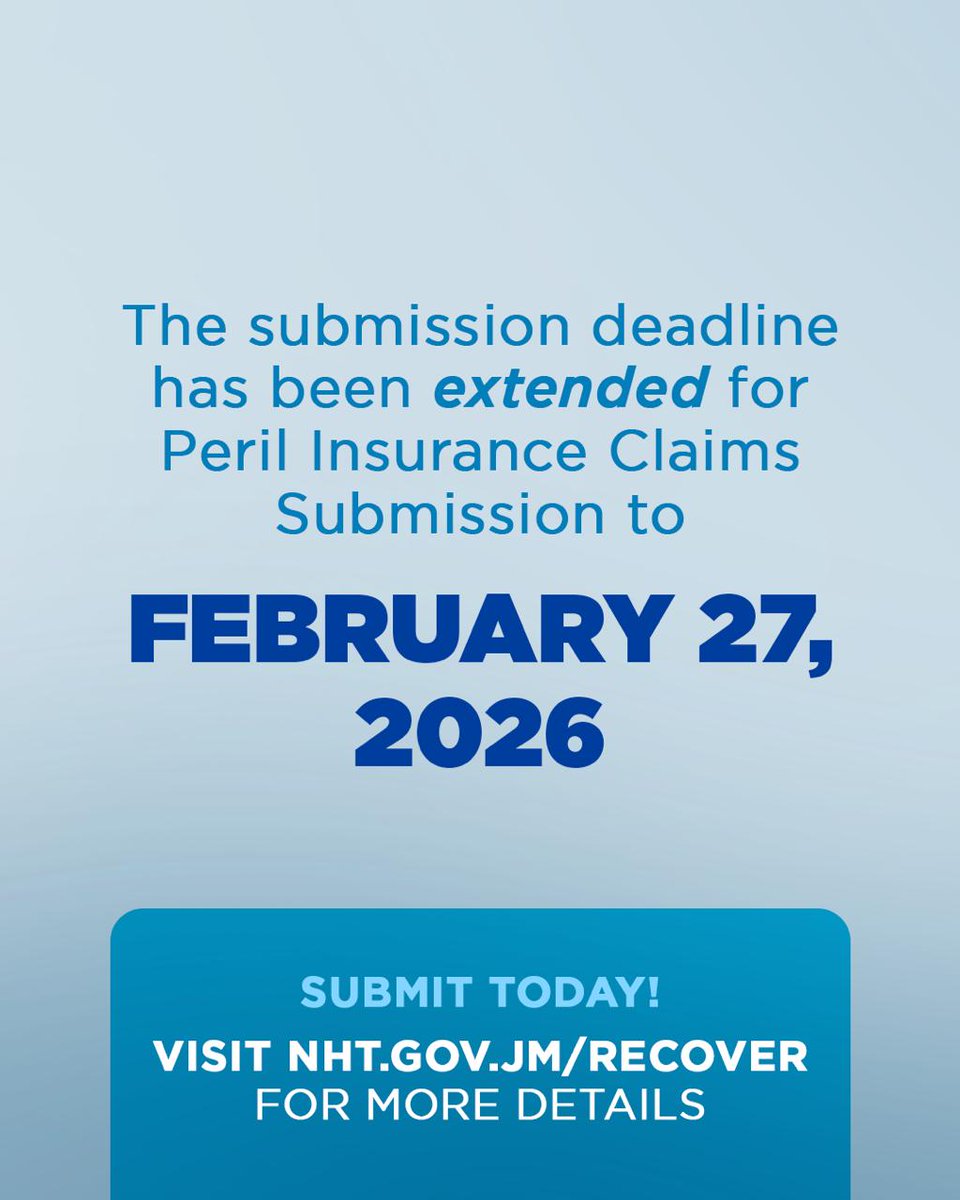 TheNHT's tweet image. Recovery takes time.

The deadline for Peril Insurance Claims is now February 27, 2026. Learn more:
nht.gov.jm/recover

#NHTJamaica #DisasterRelief