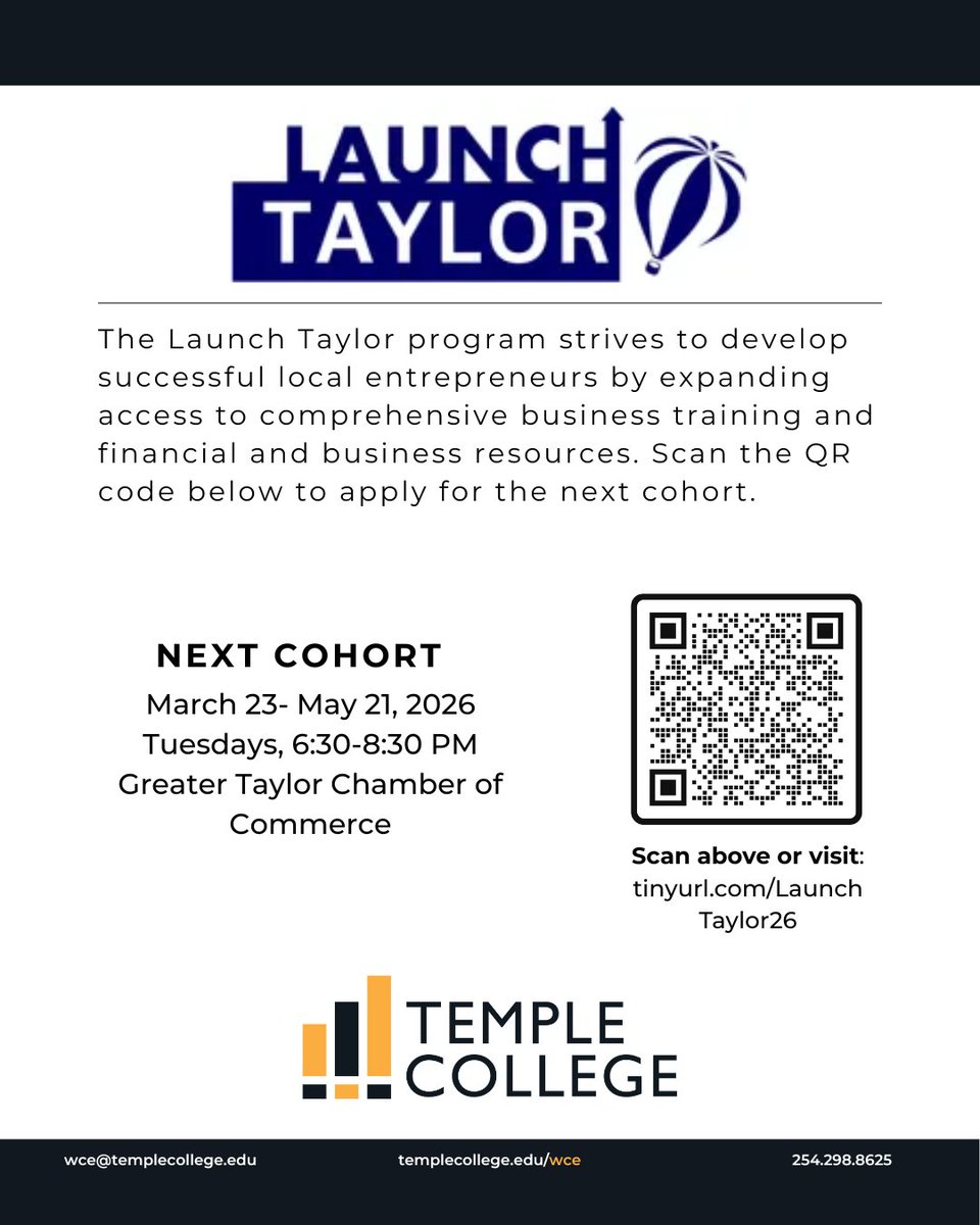 🚀 Ready to Launch Your Business in Taylor?

Spots are limited — take the first step toward launching your future today. 💼✨

Register here: tinyurl.com/LaunchTaylor26