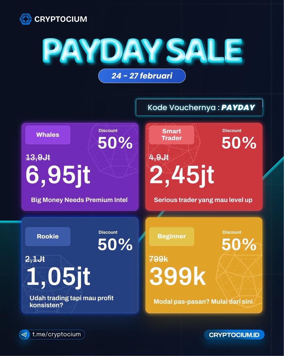 🔥 ANNOUNCEMENT : PAYDAY SALE VIP CRYPTOCIUM — DIBUKA HARI INI!

Jujur aja.

Lo udah capek rugi sendiri.
Lo udah capek nonton orang lain profit.
Lo udah capek bilang "bulan depan gua serius belajar."
Bulan depan itu ya HARI INI !

⚠️ Satu hal yang perlu lo tau sebelum ini :
Per 1