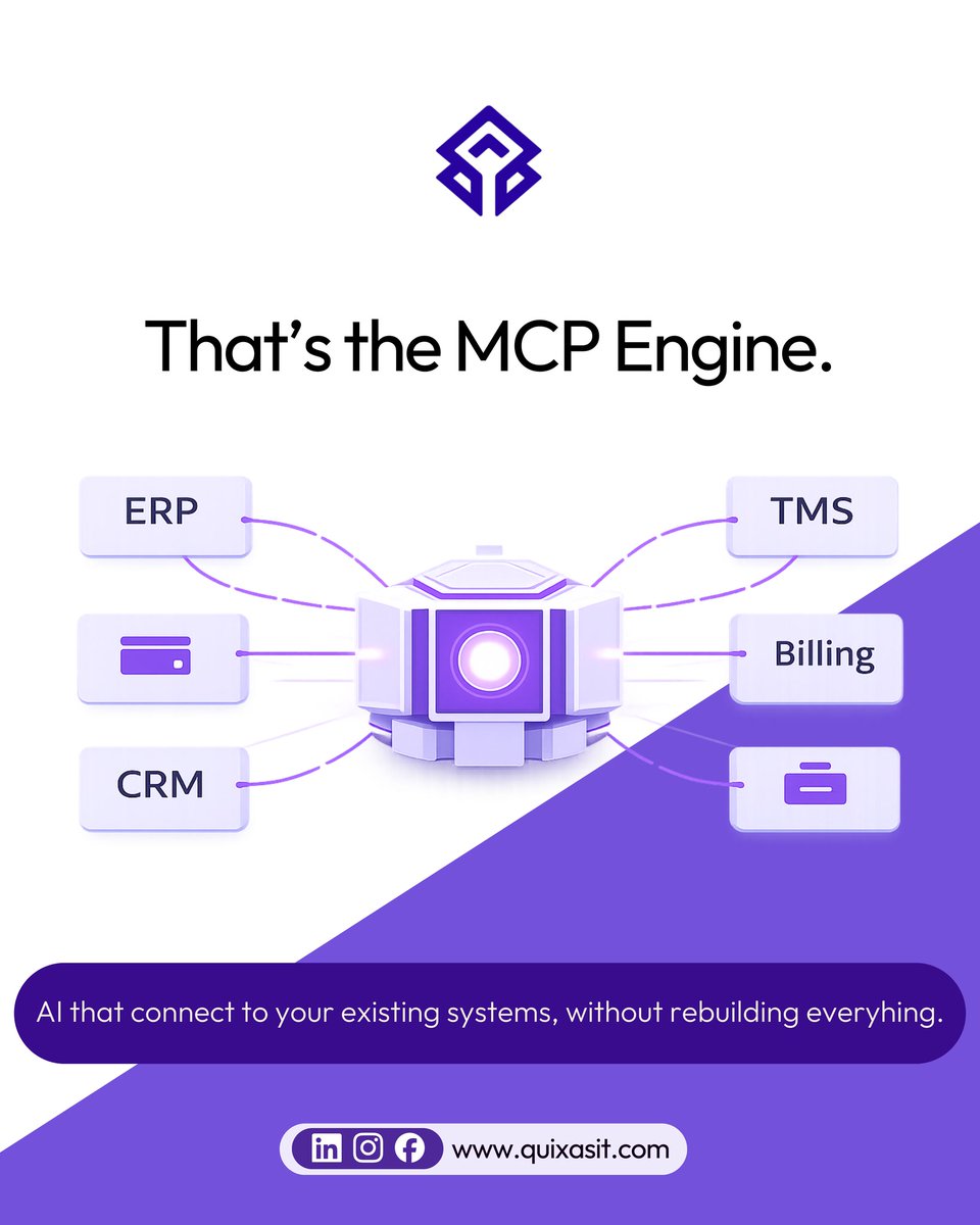 QuixasT's tweet photo. Every business wants AI that 'just works.'

The problem? Your ERP speaks one language. Your TMS speaks another. Your billing system speaks a third.

And your AI speaks none of them.

The MCP Engine solves exactly this, a framework that lets AI agents connect to any external system through a shared protocol, plus a marketplace of pre-built connectors.

No more one-off integrations. No more blocked deployments.

Save this if you're planning an AI rollout. You'll need this layer.