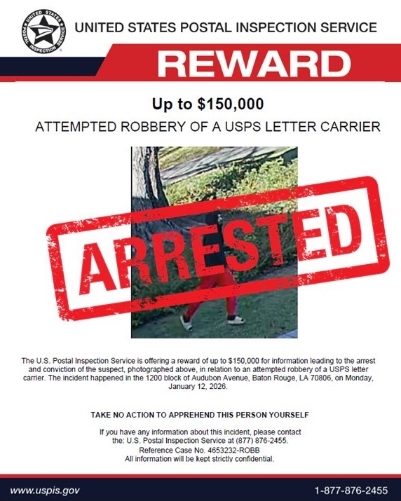 USPIS_HQ's tweet photo. UPDATE: A suspect was arrested on February 19, 2026 in connection with the armed robbery of a letter carrier in Baton Rouge, LA. 

Working with the Baton Rouge Police Department, Postal Inspectors identified & arrested Harold Retana, who now faces charges for armed robbery. Suspect is presumed innocent until proven guilty.

📞 If you need to report a crime involving the U.S. mail, please call our hotline at 1-877-876-2455.