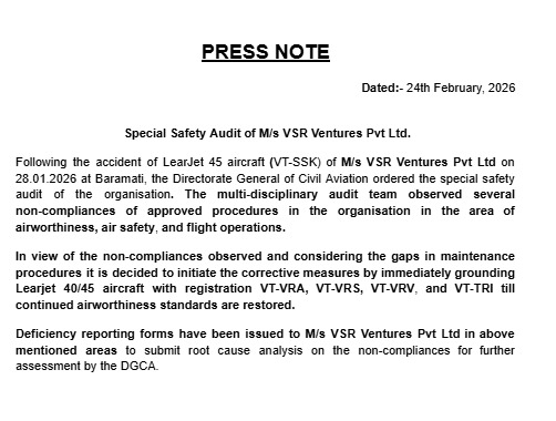 Press Note on Special Safety Audit of M/s VSR Ventures Pvt Ltd