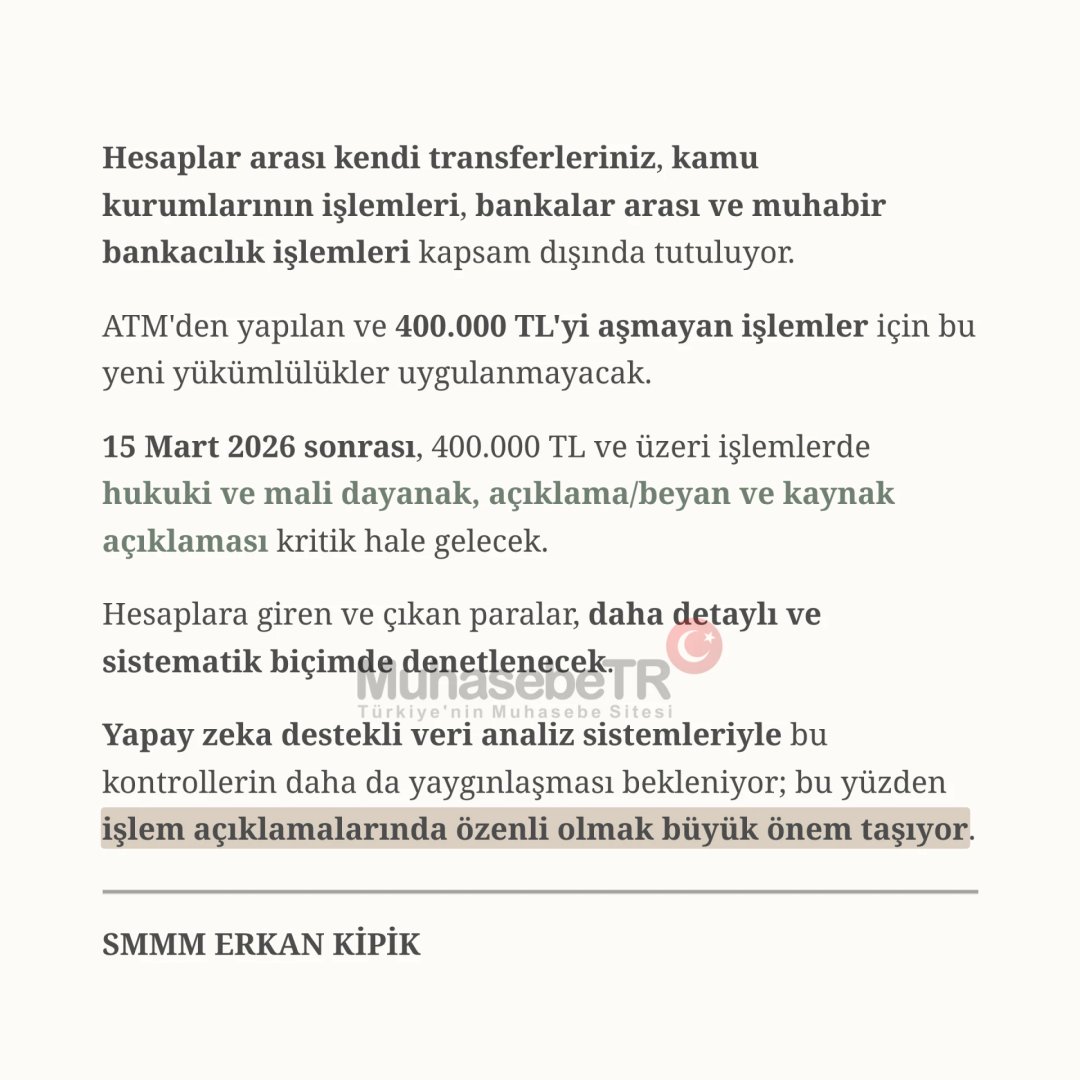 muhasebetrcom's tweet photo. Para Transferlerinde 15 Mart 2026 İtibariyle Yeni Dönem (MASAK)
https://t.co/d1OIo36DP4 https://t.co/L4zSmmnFdU