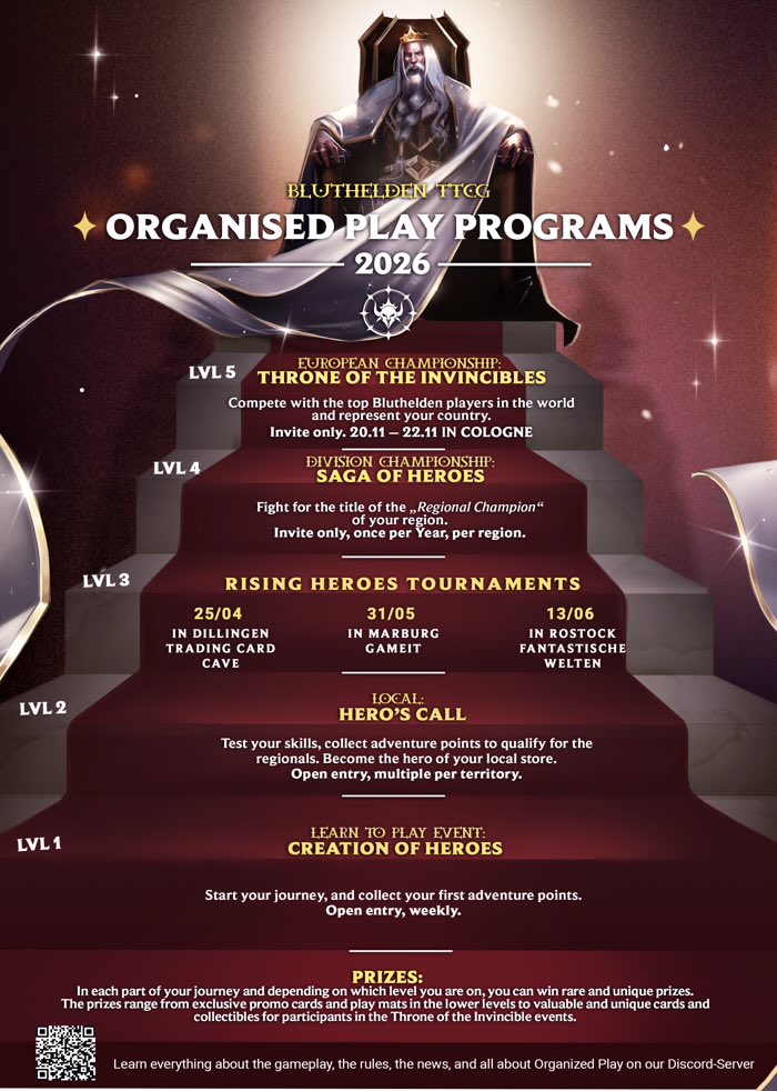🗺️The Bluthelden journey continues – your hero’s path begins now!
🙋‍♂️You can now officially register for our Organized Play program!

On our dedicated platform, you'll soon be able to explore all upcoming tournaments – from local events to our very first national and international
