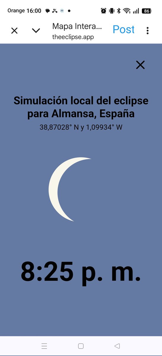 Espectacular herramienta para comprobar la visibilidad del eclipse solar del próximo 12 de agosto en cualquier ubicación. Parece que en #Almansa lo apreciaremos en un 99'5%.
theeclipse.app/es/2026-total/…
