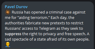 disclosetv's tweet photo. JUST IN - Telegram founder and CEO Pavel Durov says Russia has opened a criminal terrorism case against him as a pretext to suppress Russians' access to Telegram. https://t.co/0QJ1Dr8Qhs