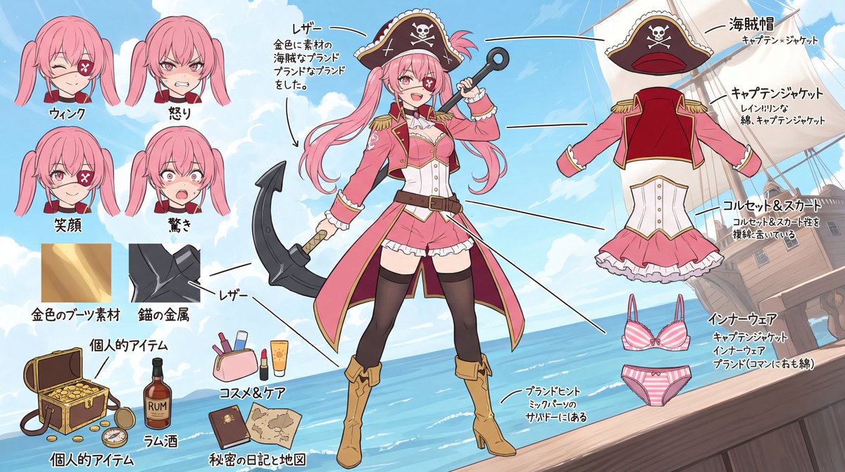 #AIイラスト︎
#AIart︎
#PSO2NGS
以前のチムメンのAI絵をキャラクターシート化(*´▽｀*)
彼女こそ海賊だ～(≧▽≦)