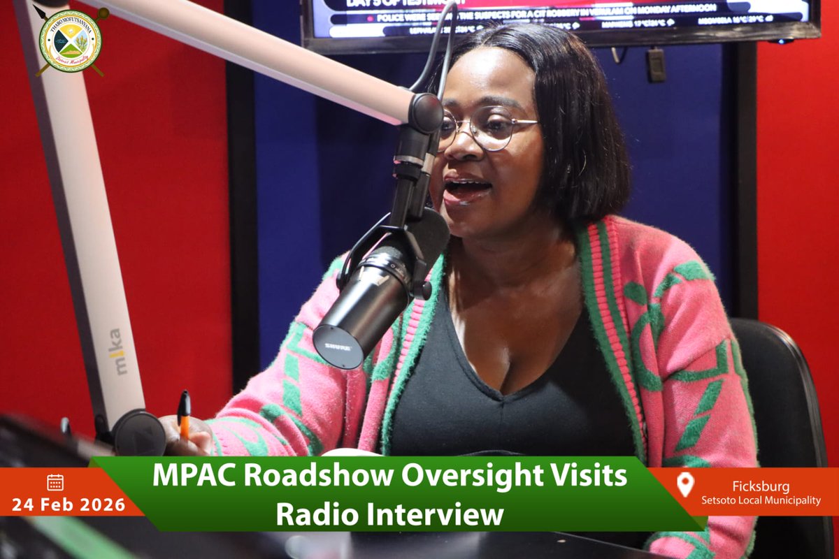 TeamTMDM's tweet photo. #TeamTMDM 🗣️🎙️Today, TMDM (MPAC) Chairperson, Cllr. Setshwana Chabeli had a radio interview at Setsoto FM in Ficksburg to unpack the role of MPAC and the purpose of the Roadshows currently underway in different Local Municipalities within the District until 26 February 2026. https://t.co/aWdvydlf5f