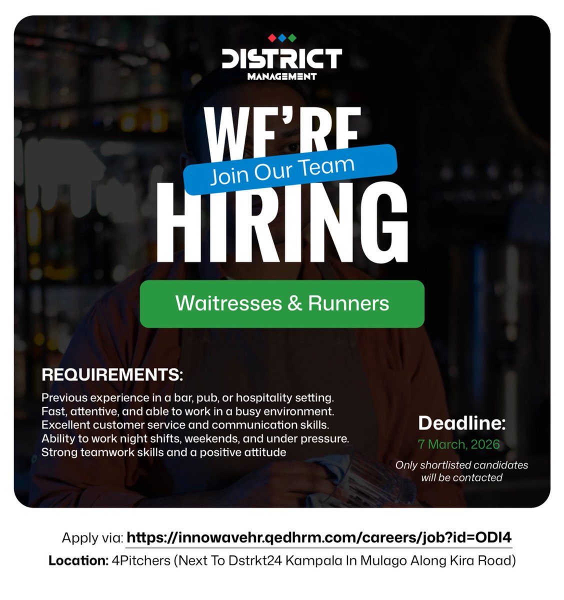 JobclinicUg's tweet photo. ENTRY JOB VACANCIES
4pitchers Kampala is looking for 10 Waiters &amp; Runners to join the team.
Minimum qualification: S.4 (o' Level)

Details: https://t.co/AJVmmWQAF6

Deadline: 07 March 2026 https://t.co/Yph5j4EyiS