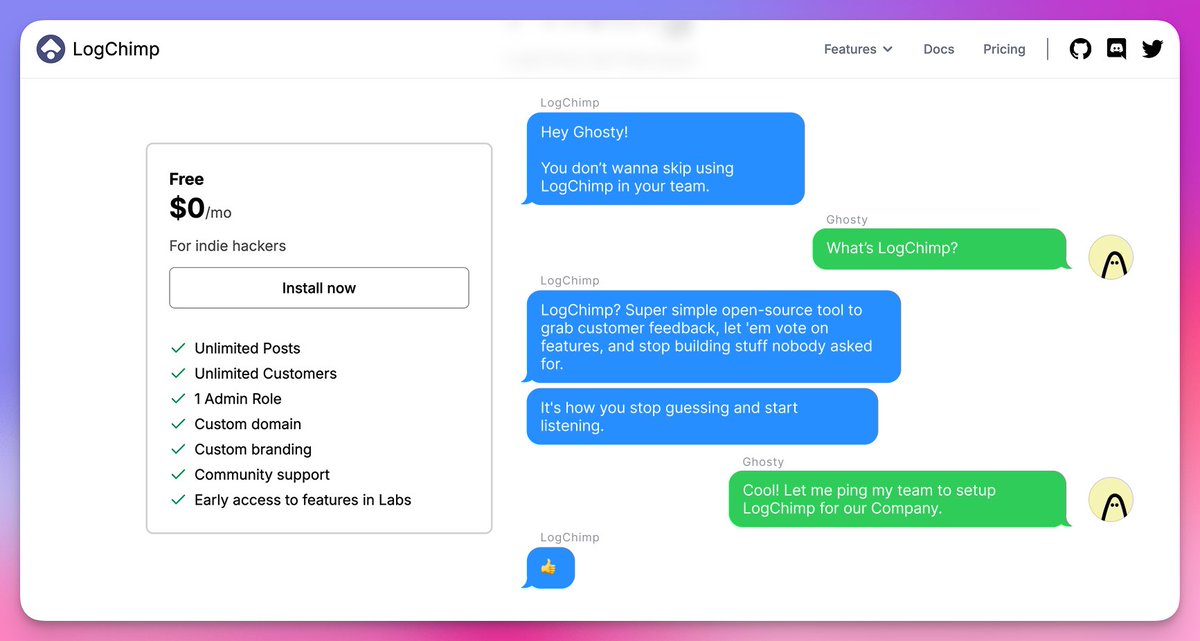 mittalyashu77's tweet photo. Most product conversations start simple…

And if you're still reading, you're likely thinking about how to better capture and act on customer feedback.

That's where LogChimp comes in: an open-source, self-hosted platform to collect, prioritize, and analyze user insights —

🧵/1 https://t.co/PkYPGaDjBo
