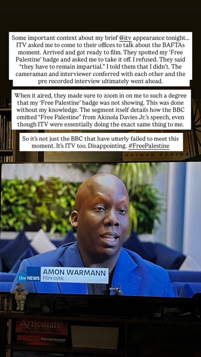 So my friend <a href="/AmonWarmann/">Amon Warmann</a> was asked by ITV to comment on how the BBC censored Akinola Davies Jr. ITV then also censored Amon for having a Palestine badge…

Make it make sense?!

Sorry brother.