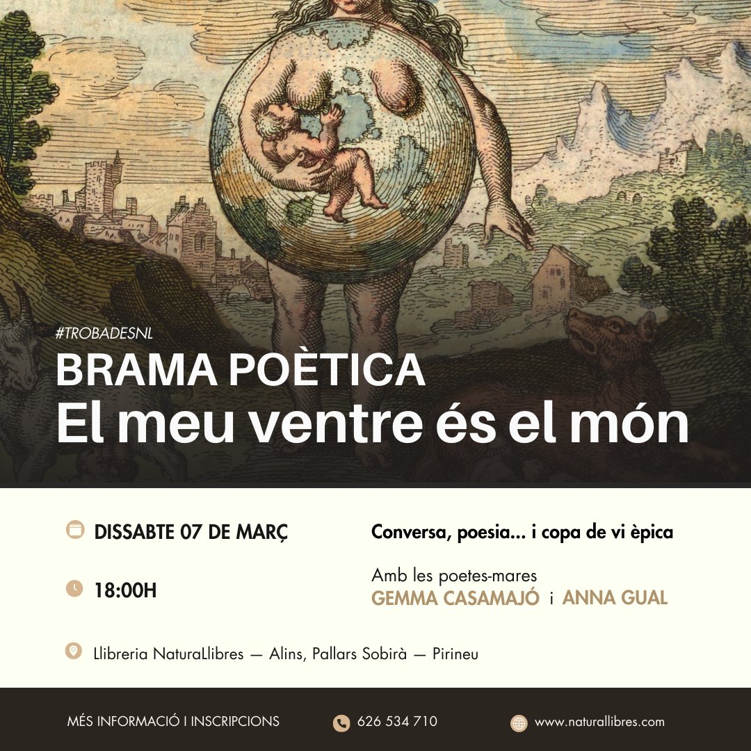 Naturallibres's tweet photo. 🌏 #TrobadesNL BRAMA POÈTICA: El meu ventre és el món
🌵Amb les poetes-mares @GemmaCasamajo i @annagual 
🍷I amb copa de vi èpica! (o alternativa no alcohòlica 🍵)
🗓️Dissabte 7 de març a les 18:00h a #NaturaLlibres
📝Més informació i inscripcions: https://t.co/TKtAEHCQ7V https://t.co/qYKwydByHH