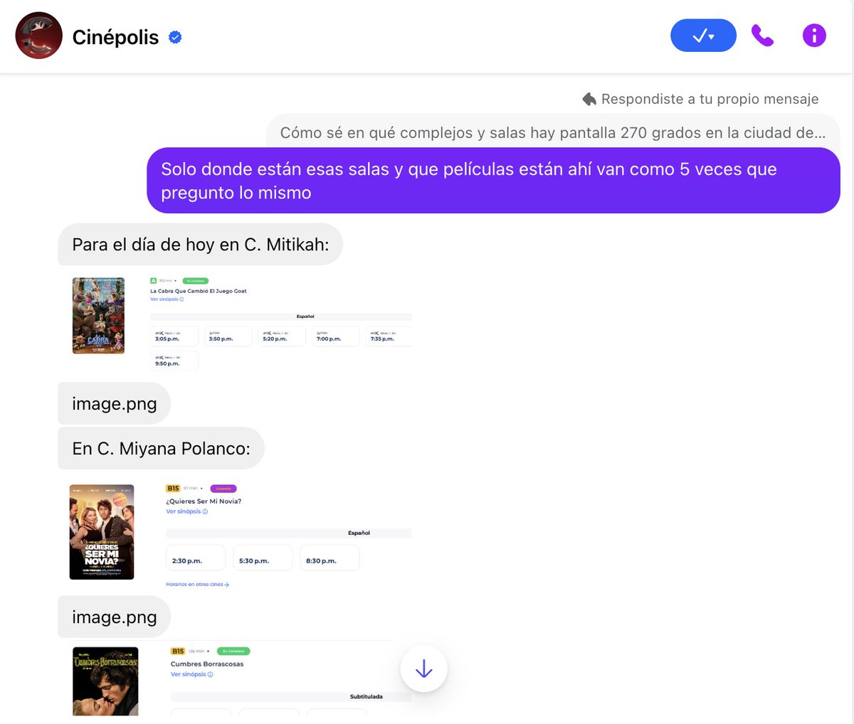 Hebersicko's tweet photo. @AyudaCinepolis Te comentO que en DM de Facebook me dieron una información falsa, terminé yendo al complejo con todo lo que implica de $ y tiempo, sólo para que me dijeran que no era cierto. Increíble que una empresa como @Cinepolis no pueda responder una simple pregunta de atención a clientes https://t.co/inaUyJWUY9