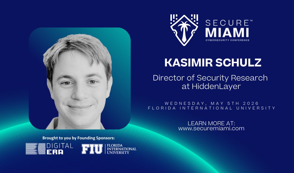 Secure_Miami's tweet photo. We’re excited to welcome Kasimir Schulz, Director of Security Research at @hiddenlayersec, to #SecureMiami2026. A leading expert in AI zero-days and supply chain vulnerabilities, Kasimir’s research and tooling advance proactive cyber resilience worldwide. https://t.co/SS1ghPavRE