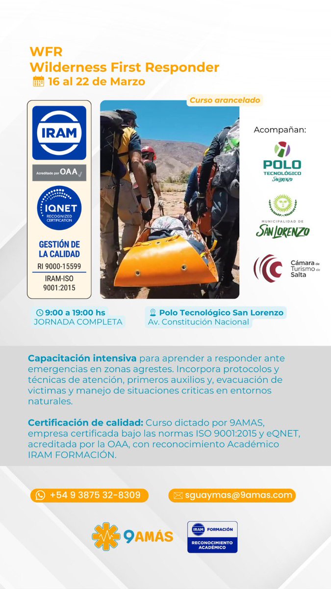 La seguridad no es un gasto, es una inversión en calidad turística.

Del 16 al 22 de marzo se realizará en San Lorenzo la capacitación WFR – Wilderness First Responder, una formación intensiva para responder ante emergencias en entornos naturales.

Como Cámara de Turismo de Salta