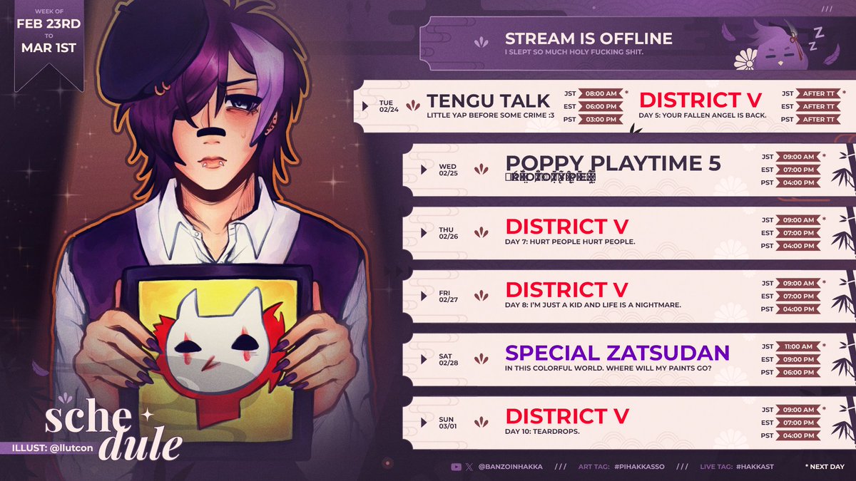 🔅STREAM SCHEDULE🔅
✦•☼•✦

Let's paint this world together my Hakkito 🎨✨

Brand new week my Hakkito, lots of fun streams coming up and a treat for my sweet little birds 🐦‍⬛🍽️‼️

Let's close this month with a bang and welcome this busy busy March with open arms 🥹💕