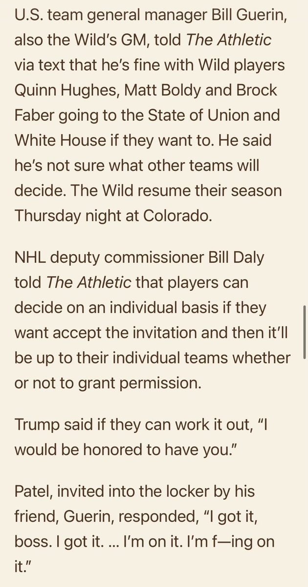 How tone deaf do you have to be? Minnesota is/was the epicentre of ICE raids and at least 2 of its citizens gunned down by ICE thugs and it was the Minnesota Wild GM that invited Kash Patel into the locker room after they won gold?!? 

JFC!

#USAhockey