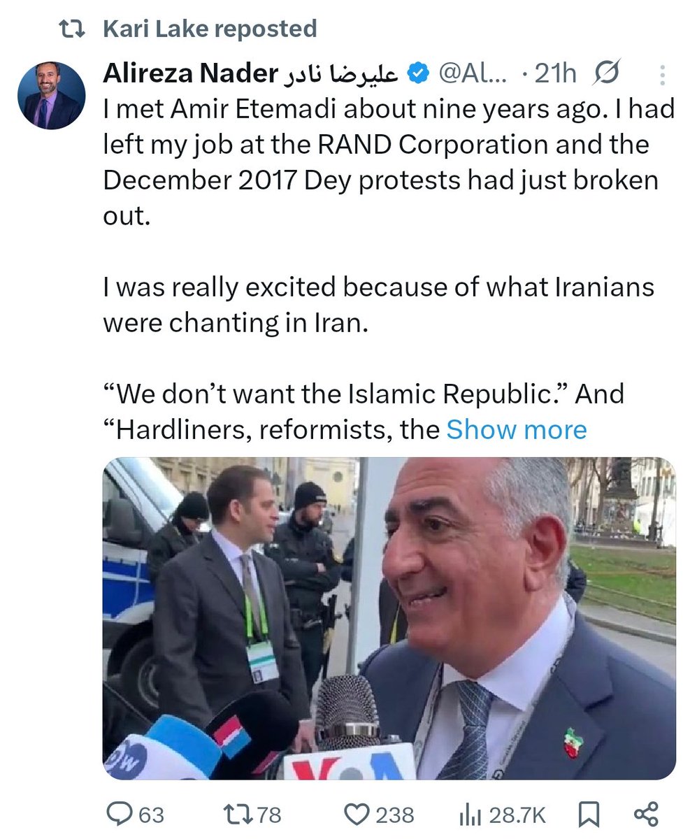By reposting Alireza Nader, a person known for spreading false accusations against Pahlavi, is <a href="/KariLake/">Kari Lake</a> openly taking sides in Iranian political discourse?