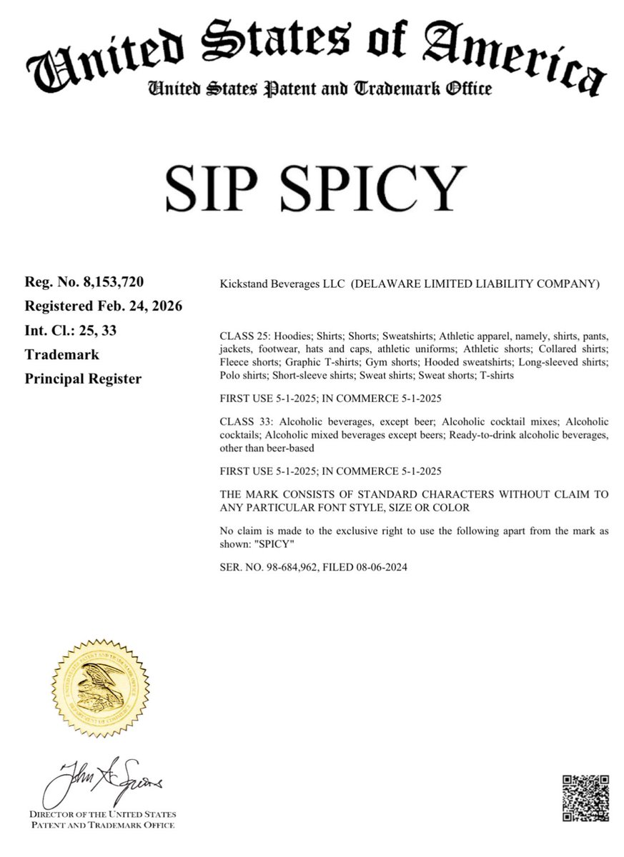 HEITNERLEGAL's tweet photo. SIP SPICY®️ #TrademarkTuesday 🌶️ https://t.co/U5dPPudfH1
