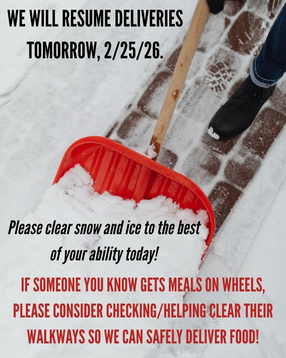 MealsonWheelsHu's tweet image. Please make an effort to clear snow from sidewalks and driveways today so we can safely resume #MOWIH deliveries tomorrow. Your time spent shoveling could make a big difference for our seniors! Thank you for helping keep our clients and volunteers safe. #community #snowcleanup