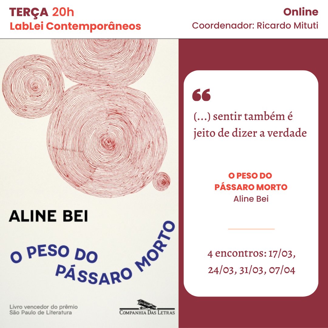Já estão abertas as inscrições para o próximo Laboratório de Leitura que irei coordenar. Desta vez, vamos trabalhar com O Peso do Pássaro Morto, de Aline Bei, um dos nomes mais aclamados da literatura brasileira contemporânea nos últimos anos. Infos e inscrições: (11) 99631-2800.