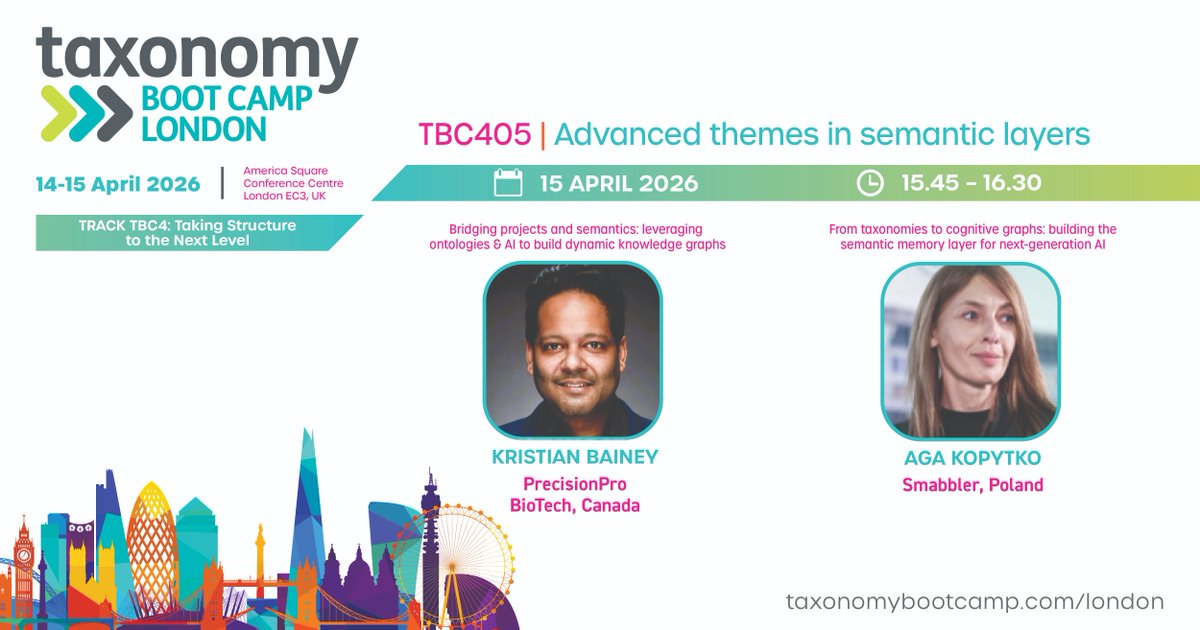 Overviews of building out semantic layers to structure knowledge across systems, plus a look at the concept of the semantic hypergraph, a memory &amp; reasoning layer for AI. £200 discount ends Friday. Use code LONDON at checkout. taxonomybootcamp.com/London #TBCL