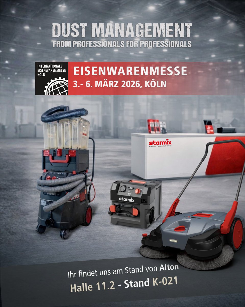 🌟Internationale Eisenwarenmesse vom 3.–6. März 2026 in Köln.
Wir sind am Stand von Alton in Halle 11.2 – Stand K-021 vertreten. Bei uns dreht sich alles um Dust Management😍
