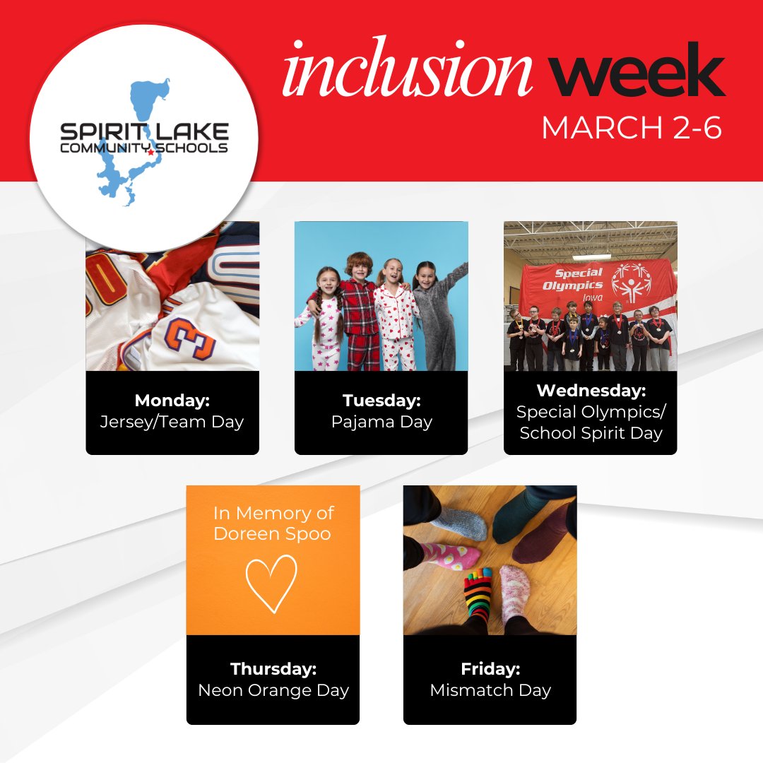 SpiritLakeIA's tweet image. Join us for #InclusionWeek at Spirit Lake Schools as we celebrate belonging, kindness, and the strength of our school community! 
We encourage all students and staff to participate in our dress-up days and special activities throughout the week: