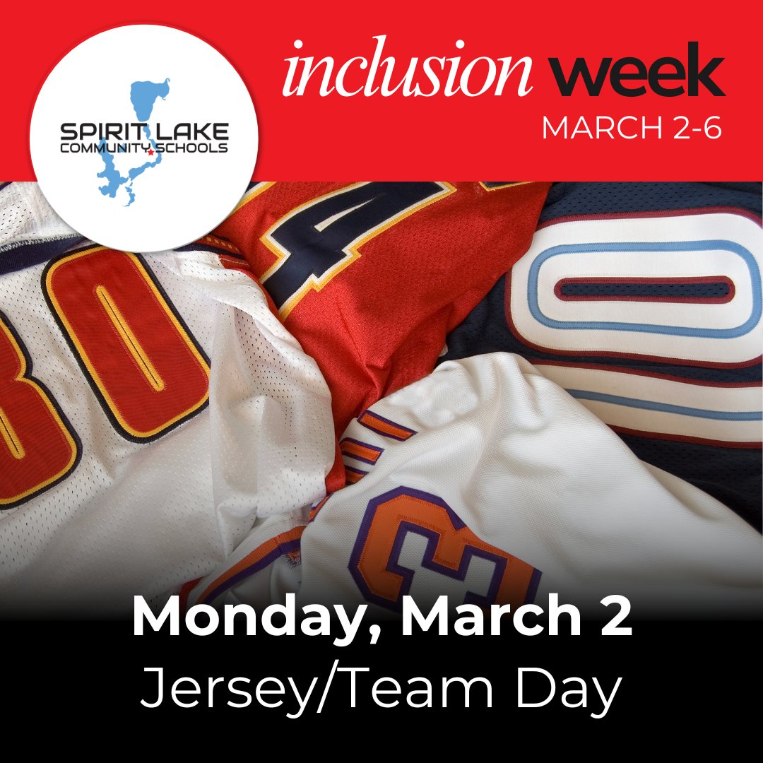 SpiritLakeIA's tweet image. Reminder: Tomorrow is Jersey/Team Day for #InclusionWeek at Spirit Lake Schools! 👕
Wear your favorite team or jersey to show that we’re all on the same team when it comes to inclusion, kindness, and belonging. Let’s kick off the week strong! 🙌