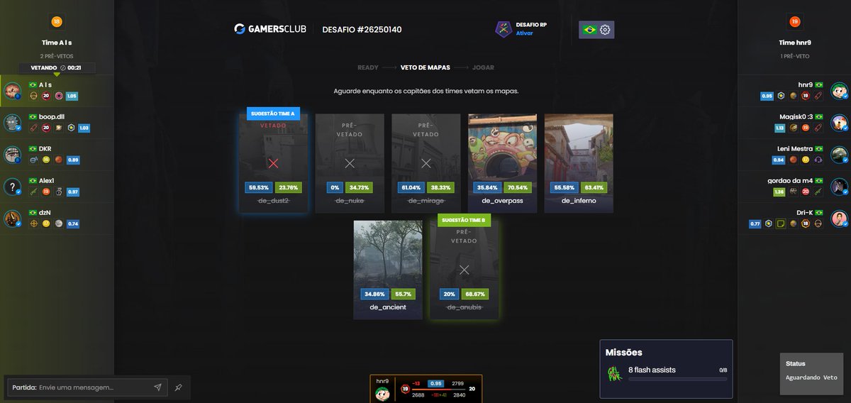 Agora é possível adicionar um som pra quando o Warmup esta acabando :)

Basta selecionar o audio que você quer e em qual tempo você quer ser alertado.

Tem outras melhorias também na pagina de match (Sugestão de mapa, KDR).

Valeu <a href="/CaioFel76176790/">Caio Felipe</a> 

cc <a href="/GamersClubCS/">Gamers Club Counter-Strike</a> :D