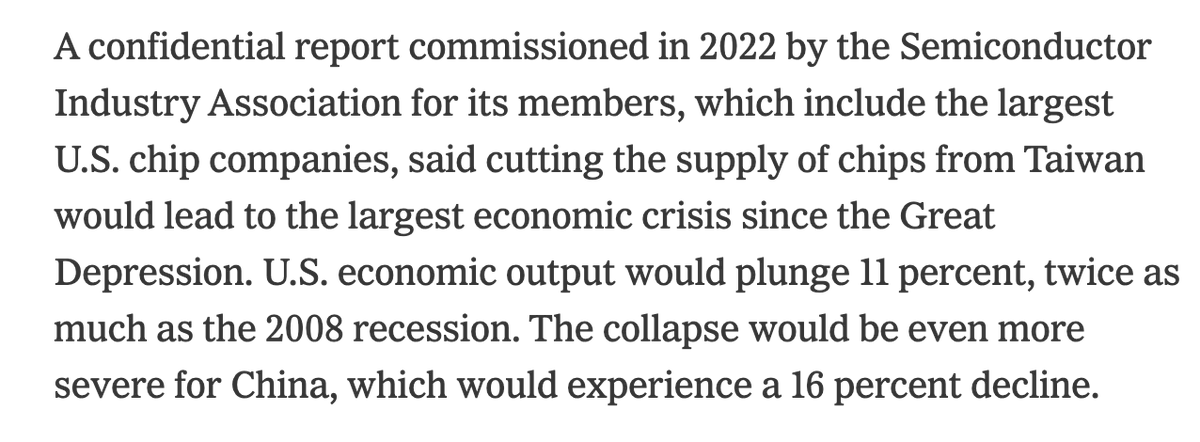 > “The single biggest threat to the world economy, the single biggest point of single failure, is that 97 percent of the high-end chips are made in Taiwan”