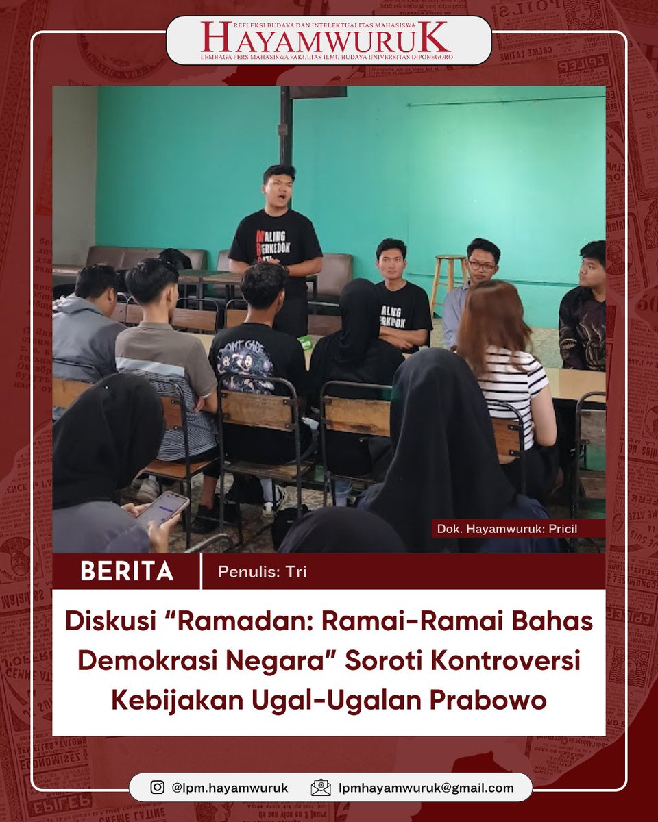 Diskusi “Ramadan: Ramai-Ramai Bahas Demokrasi Negara” Soroti Kontroversi Kebijakan Ugal-Ugalan Prabowo

Selengkapnya: lpmhayamwuruk.org/2026/02/diskus…

#Hayamwuruk2026 #RefleksiBudayadanIntelektualitasMahasiswa