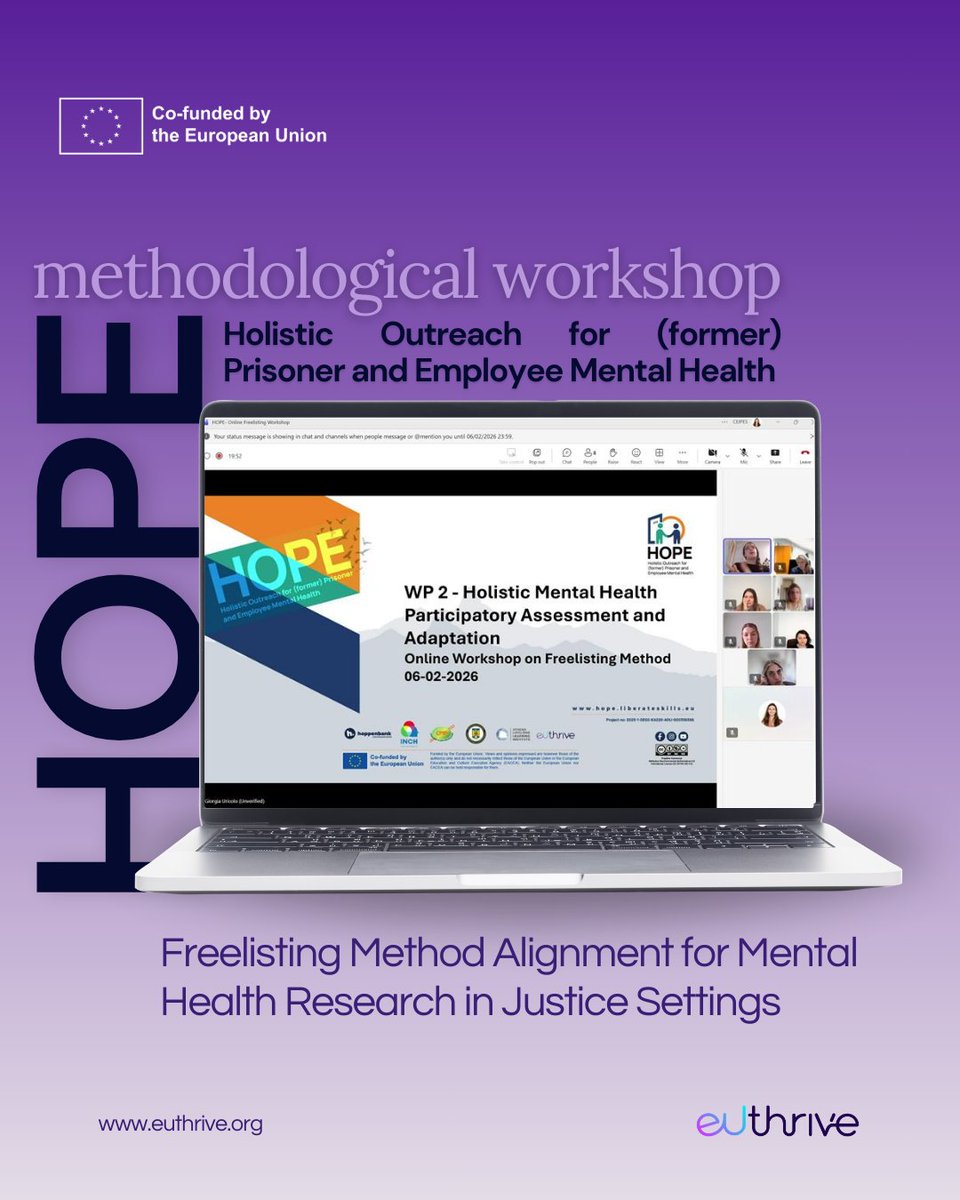 euthrive's tweet photo. This month, within the #HOPEProject, Euthrive facilitated a methodological workshop on the freelisting method.
The goal: identify key needs and existing resources to inform evidence-based mental health interventions in justice settings.
#ErasmusPlus https://t.co/zSrnZwVVoS