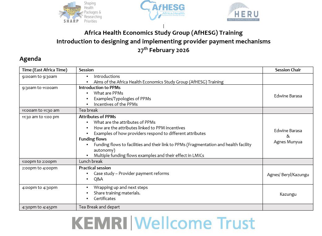 HERU_KEMRI_WT's tweet photo. All set for the #AfHESG Session, have you registered?
📅 27th Feb 2026
🔗 Register here: https://t.co/v43DzV1Qm3
#PPMs
#HealthFinancing https://t.co/ZKGTPBlbPn