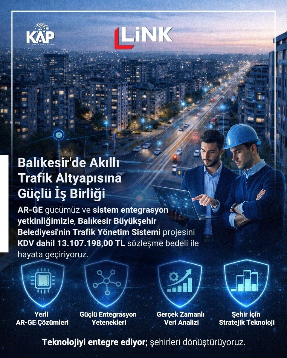 Balıkesir’de akıllı trafik altyapısı için güçlü bir iş birliği.
AR-GE ve entegrasyon gücümüzle, Balıkesir Büyükşehir Belediyesi Trafik Yönetim Sistemi Projesi’ni KDV dahil 13.107.198 TL sözleşme bedeliyle hayata geçiriyoruz.
kap.org.tr/tr/Bildirim/15…