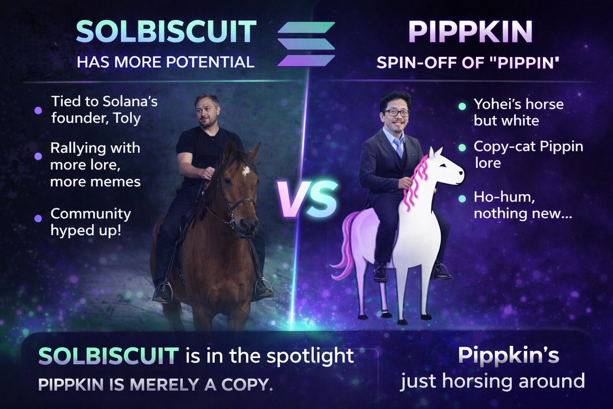 Pippkin feels like the horse you get when you click “duplicate” and change the color to white 🐴

Meanwhile Solbiscuit out here with actual lore, main-character energy, and Solana founder vibes.

One’s horsing around…the other’s running the race 🟣⚪️🐎 #SOLANA